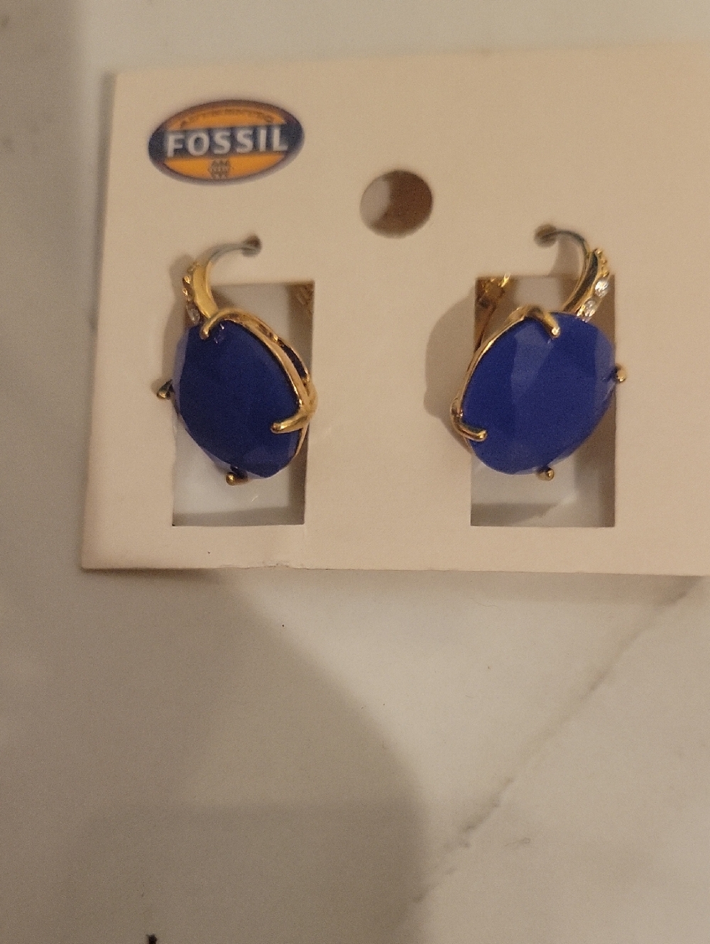 Fossil Gold-Tone Earrings with Cobalt Blue Faceted Stones